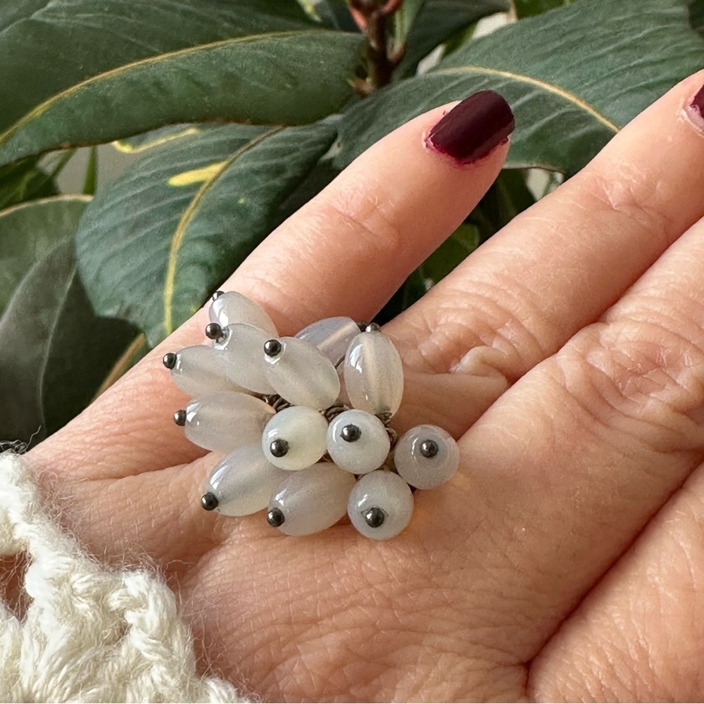 Vintage Y2K Glass Beaded Cluster Ring on 925 Sterling Silver band - Size 6.75
